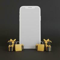 Black Friday mobile phone mockup blank screen flyer on a dark background and floating stuff in 3D rendering. Special offer banner and shopping cart concept photo