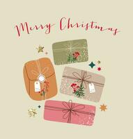 alegre Navidad dibujos animados regalo cajas mano dibujo con decorativo arcos y estrellas. vistoso fiesta ilustración. plano estilo saludo tarjeta o invitación. diseño para web y impresión. vector