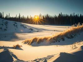 AI generated beautiful winter landscape with sunset in the snowy mountains, trees covered with snow photo