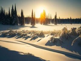 AI generated beautiful winter landscape with sunset in the snowy mountains, trees covered with snow photo