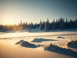 ai generado hermosa invierno paisaje con puesta de sol en el Nevado montañas, arboles cubierto con nieve foto
