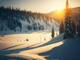 AI generated beautiful winter landscape with sunset in the snowy mountains, trees covered with snow photo