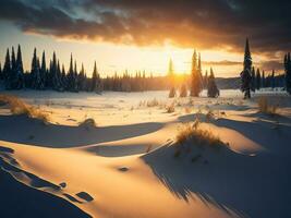 AI generated beautiful winter landscape with sunset in the snowy mountains, trees covered with snow photo