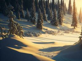 AI generated beautiful winter landscape with sunset in the snowy mountains, trees covered with snow photo