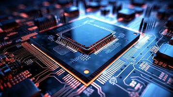 AI generated The microcircuit against the background of technological components and boards photo