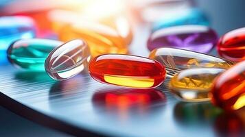 AI generated Bright capsules and tablets that form an abstract pattern on a glass table photo