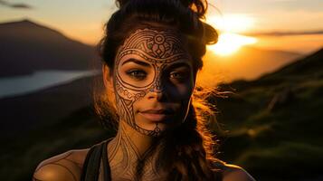 ai generado un mujer con magia símbolos dibujado en su rostro, mirando a el puesta de sol en el escocés montañas, llamada foto