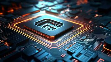 AI generated Microscopic detailing of the processor on a modern electronic board photo