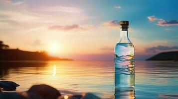 AI generated A bottle of water in front of the background of colorful sunset photo