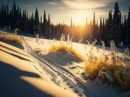 ai generado hermosa invierno paisaje con puesta de sol en el Nevado montañas, arboles cubierto con nieve foto