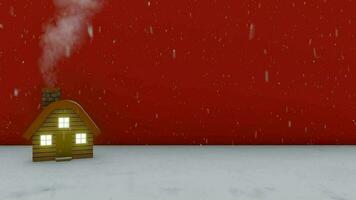 animated video of Santa's house with chimney smoke and snowfall on a red background