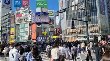 shibuya, Japón en octubre 4, 2023. multitudes de gente, ambos nativo japonés y turistas, caminar a través de el shibuya lucha cruce, un cebra cruce cuales es famoso en Japón porque eso es muy ocupado. video