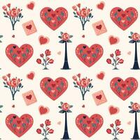 Valentine's Day pattern. Heart shapes and romantic city. Love bouquets seamless vector background.