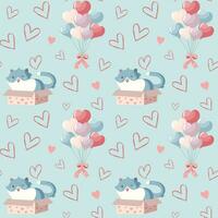 Cute cat in box with hearts seamless vector pattern. Valentine's Day background. Heart shapes balloons and cat.