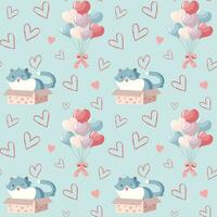 Cute cat in box with hearts seamless vector pattern. Valentine's Day background. Heart shapes balloons and cat.