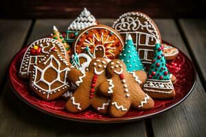 AI generated Different colorful gingerbread cookies - two gingerbread mans, christmas trees, gingerbread houses. Festive composition of gingerbread cookies in red plate on wooden table. photo
