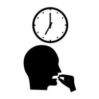 Vector silhouette of taking medicine pills on time. Head with open mouth and hand holding pills. Head and Clock icon Isolated on white background.