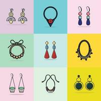 Collection of 9 Beautiful Women Necklaces and Event earrings jewelry vector illustration. Beauty fashion objects icon concept. Set of trendy women fashion jewelry accessories vector design.