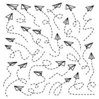 Paper airplane lines. flying Paper airplane with dotted track direction. Paper airplanes. paper Airplane with route line path. vector