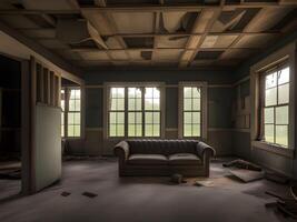 AI generated interior of an old abandoned house photo