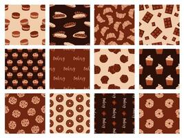 Collection of seamless pattern. Bakery, dessert, buns, chocolate, cupcakes vector