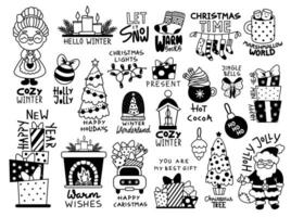 Big set of Christmas doodle elements. Hand drawn cartoon vector illustrations