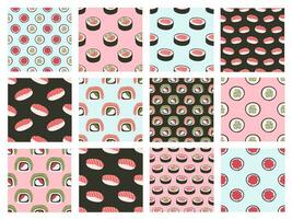 Collection of seamless pattern. Japanese food. Sushi roll vector