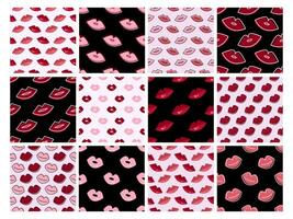 Collection of seamless pattern with lips, kiss vector