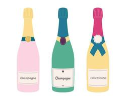 Wine bottles. Doodle champagne and prosecco vintage glass bottles wine. Flat vector icons set