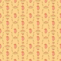 Seamless pattern with vintage kettle on a yellow background. Flat color vector illustration.