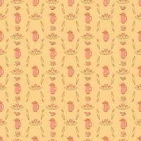 Seamless pattern with vintage kettle on a yellow background. Flat color vector illustration.