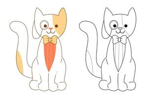 Cute cat character with monocle and bow tie. Flat color and black and white vector illustration.