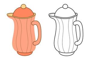 Vintage kettle. Flat color and black and white vector illustration.