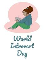 póster para mundo introvertido día con un niña con un gato en su regazo. plano color vector ilustración