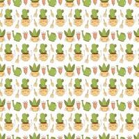 Seamless pattern with cute cacti characters on a white background. Flat color vector illustration.