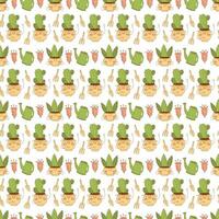 Seamless pattern with cute cacti characters on a white background. Flat color vector illustration.