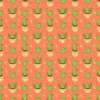 Seamless pattern with cute cacti characters on a pink background. Flat color vector illustration.
