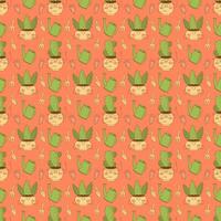 Seamless pattern with cute cacti characters on a pink background. Flat color vector illustration.