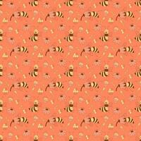 Seamless pattern with cute cheeky bees characters on a pink background. Flat color vector illustration.