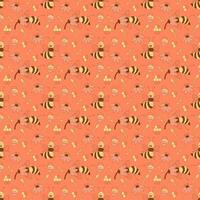 Seamless pattern with cute cheeky bees characters on a pink background. Flat color vector illustration.