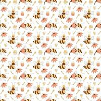 Seamless pattern with cute cheeky bees characters on a white background. Flat color vector illustration.