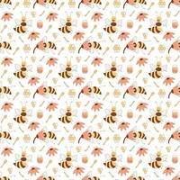 Seamless pattern with cute cheeky bees characters on a white background. Flat color vector illustration.