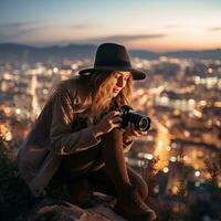 ai generado un mujer en un sombrero tomando un foto de el ciudad a noche