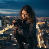 ai generado un mujer tomando un foto con un cámara a noche