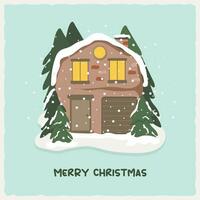 Christmas card with a house in the snow with Christmas trees and snowfall. vector