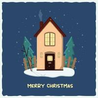 Christmas card with a house in the snow with Christmas trees and snowfall. vector