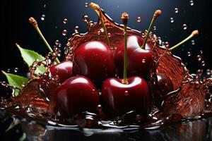 AI generated Ripe juicy cherry in a splash of juice on a black background. Generated by artificial intelligence photo