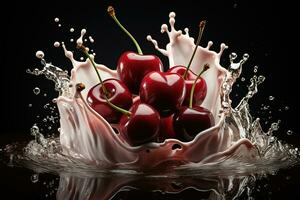 AI generated Ripe juicy cherry in a splash of juice on a black background. Generated by artificial intelligence photo