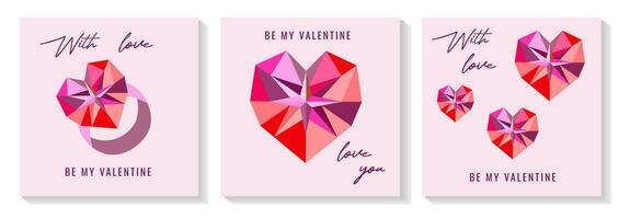 Happy Valentines day greeting card set. Trendy love and Valentine cards with typography and beautiful geometric crystal jewelry hearts. Minimal poster, cover, banner, social media template. vector