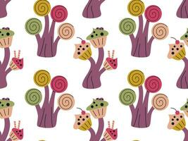 sin costura modelo de dibujos animados fantasía dulce tierra caramelo arboles fantasía naturaleza, juego diseño caramelo paisaje ilustración. plano vector ilustración.